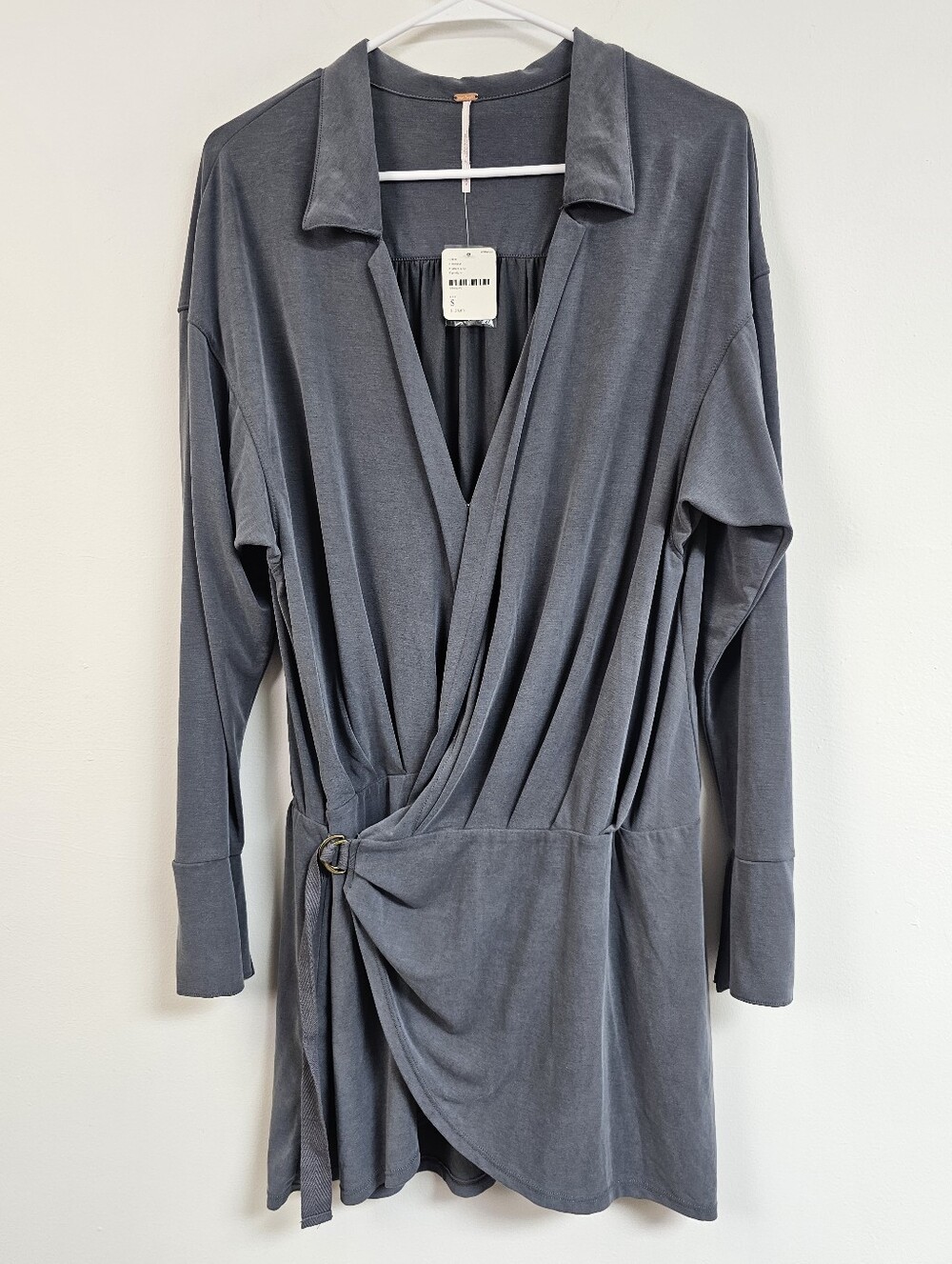 Free People Deep Vneck Collared Wrap Dress Draped Long-sleeve Mini Dress